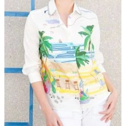 Top 10 🛒 Vilagallo 👩 women Sara Hawai Print 👕 Shirt in White ⭐