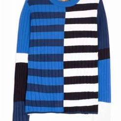 Best Pirce ⭐ Vilagallo 👩 women Monica Rib Top in Blue/Ecru 😀