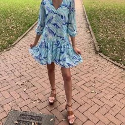 Brand new 👍 Vilagallo 👩 women Gala 👗 Dress in Blue Sabana Print 💯